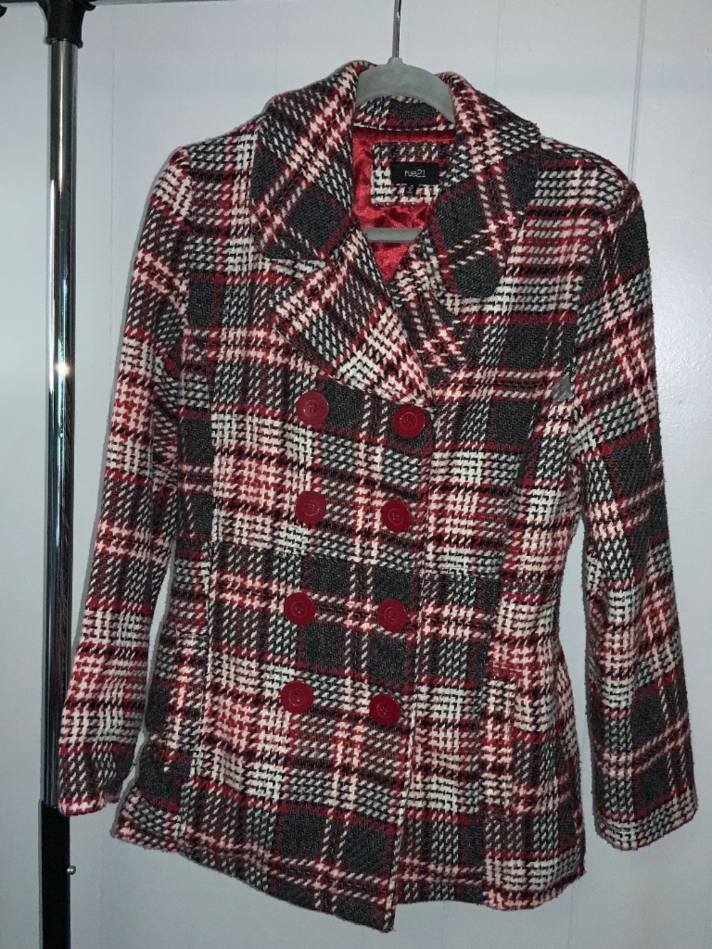 Rue21 Plaid wool blend Double Breasted Pea Coat Sz M Gray Red White Preppy